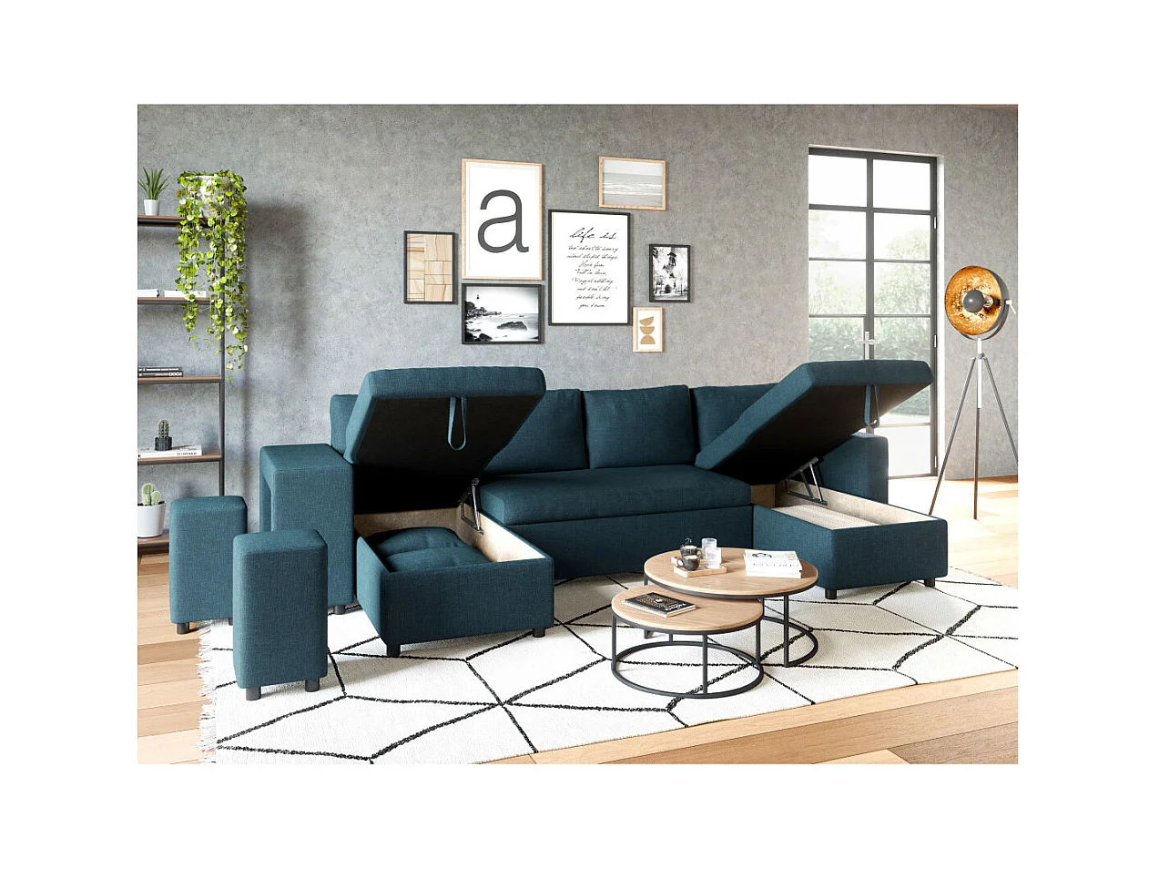 Canapé d'angle panoramique Oslo convertible avec coffres et poufs à gauche - Tissu - Bleu pétrole - L311 x P146 x H81cm - Loungitude