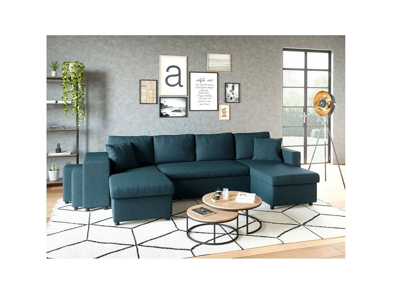 Canapé d'angle panoramique Oslo convertible avec coffres et poufs à gauche - Tissu - Bleu pétrole - L311 x P146 x H81cm - Loungitude