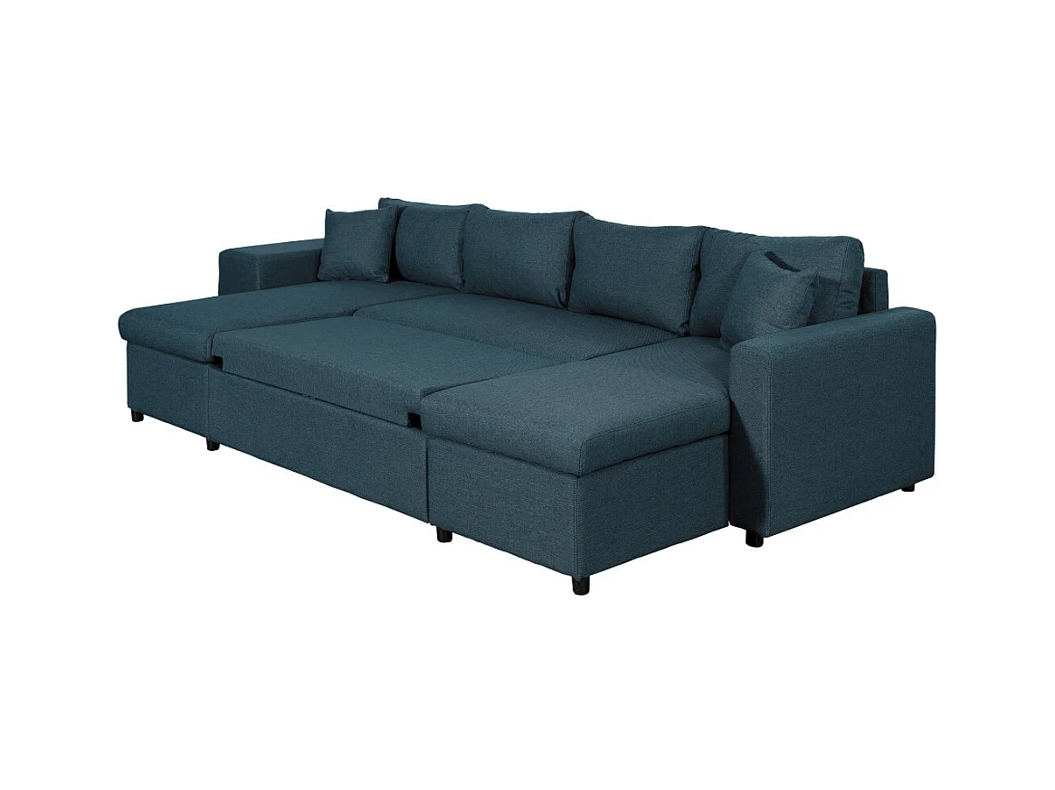Canapé d'angle panoramique Oslo convertible avec coffres et poufs à gauche - Tissu - Bleu pétrole - L311 x P146 x H81cm - Loungitude