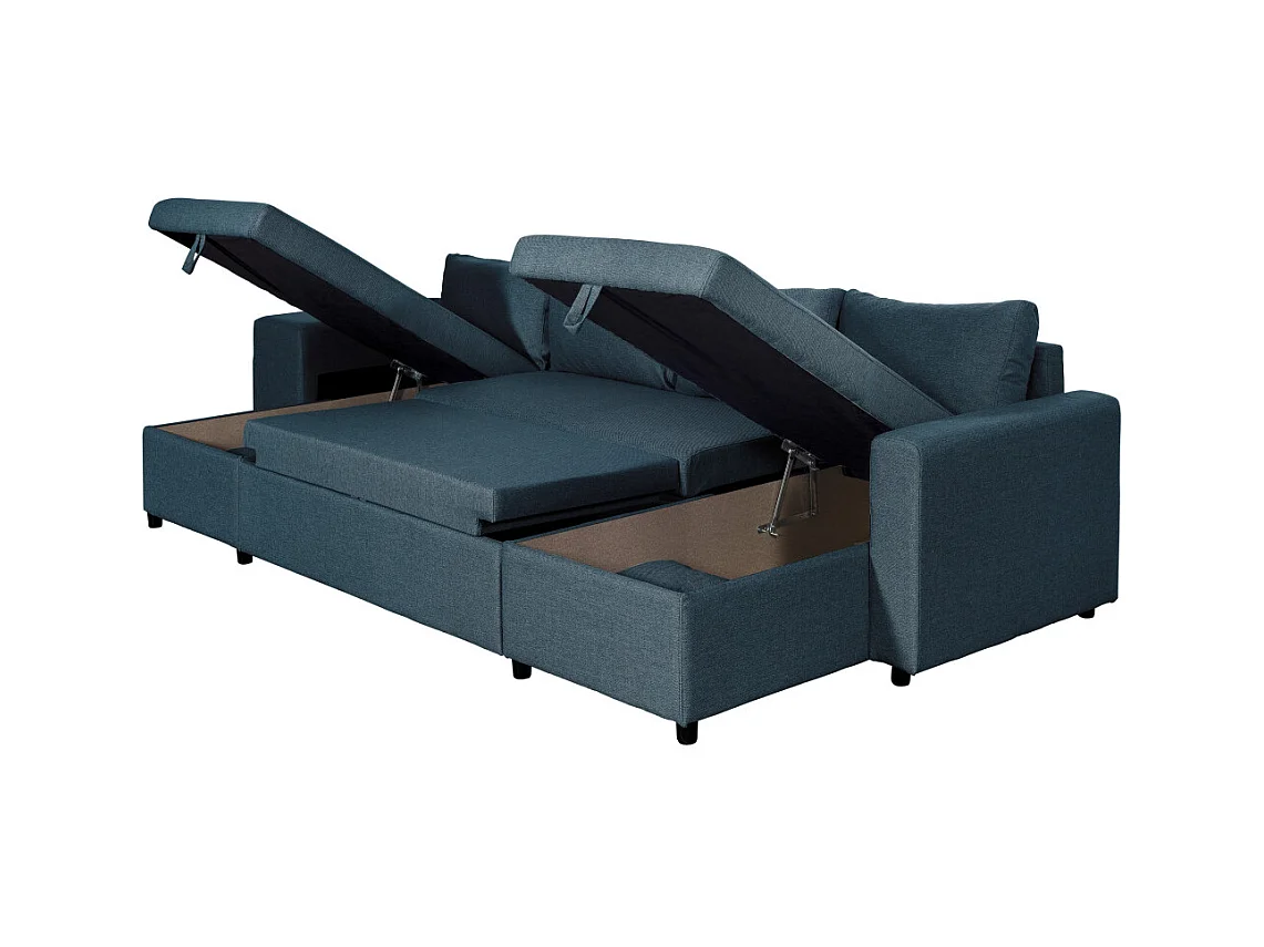 Canapé d'angle panoramique Oslo convertible avec coffres et poufs à gauche - Tissu - Bleu pétrole - L311 x P146 x H81cm - Loungitude