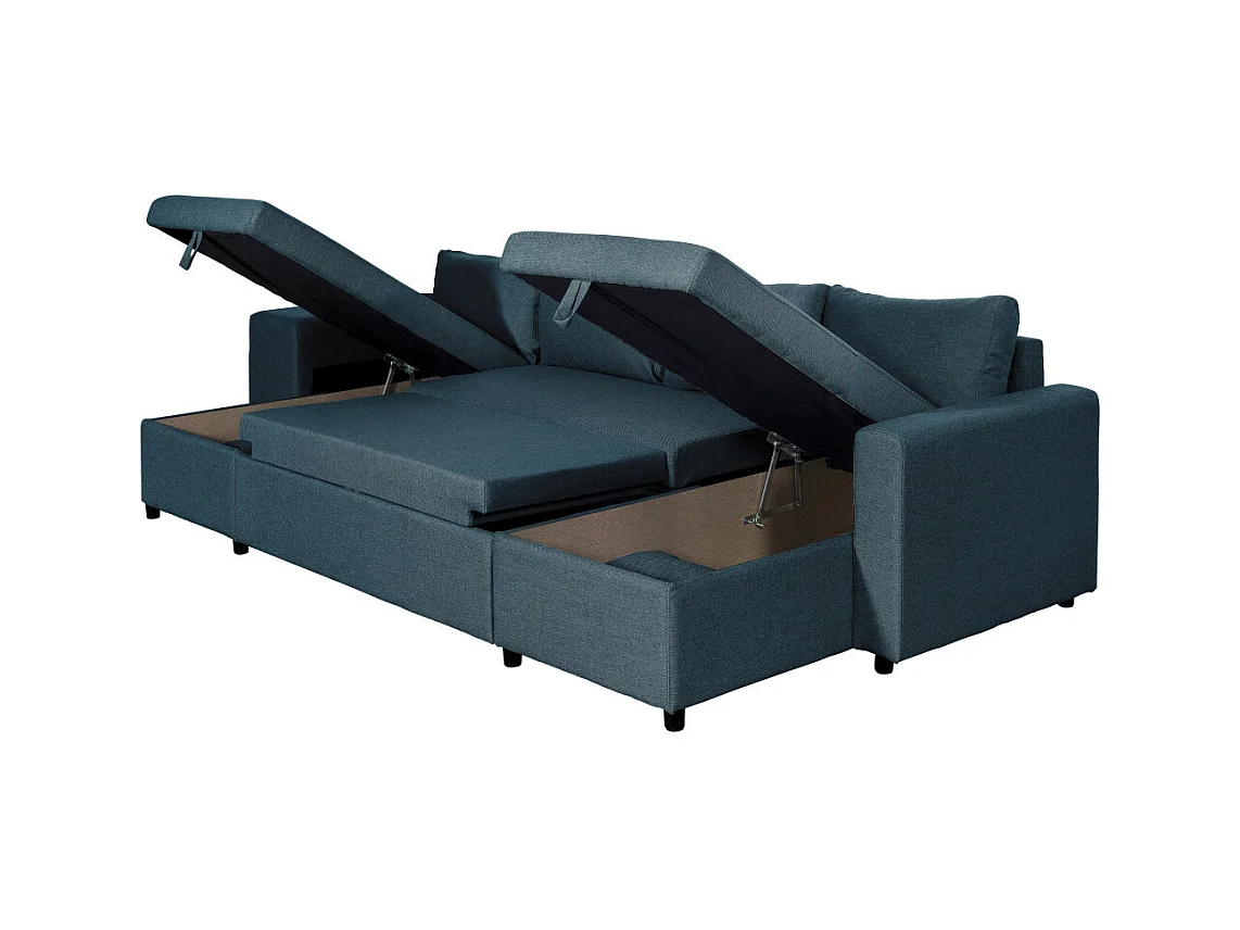 Canapé d'angle panoramique Oslo convertible avec coffres et poufs à gauche - Tissu - Bleu pétrole - L311 x P146 x H81cm - Loungitude