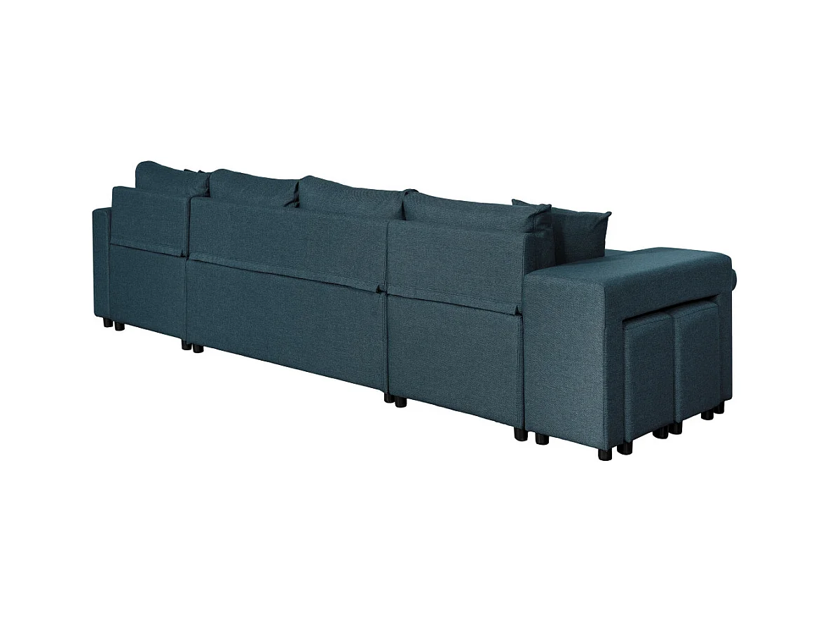 Canapé d'angle panoramique Oslo convertible avec coffres et poufs à gauche - Tissu - Bleu pétrole - L311 x P146 x H81cm - Loungitude