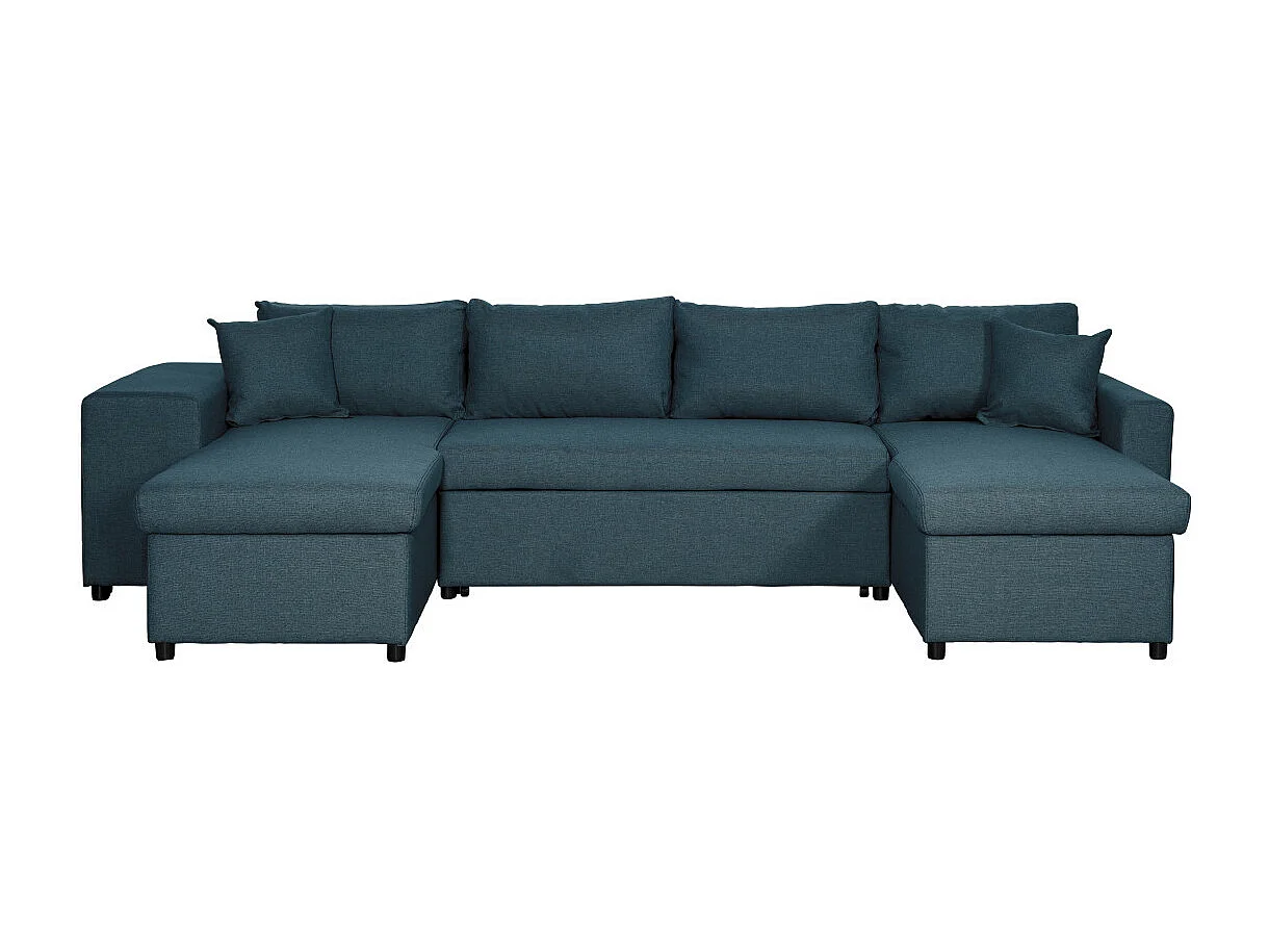 Canapé d'angle panoramique Oslo convertible avec coffres et poufs à gauche - Tissu - Bleu pétrole - L311 x P146 x H81cm - Loungitude