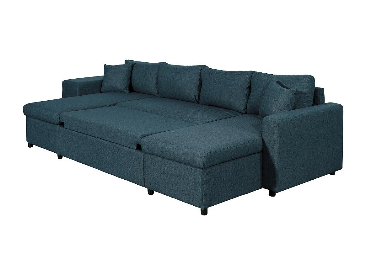 Canapé d'angle panoramique Oslo convertible avec coffres et poufs à gauche - Tissu - Bleu pétrole - L311 x P146 x H81cm - Loungitude