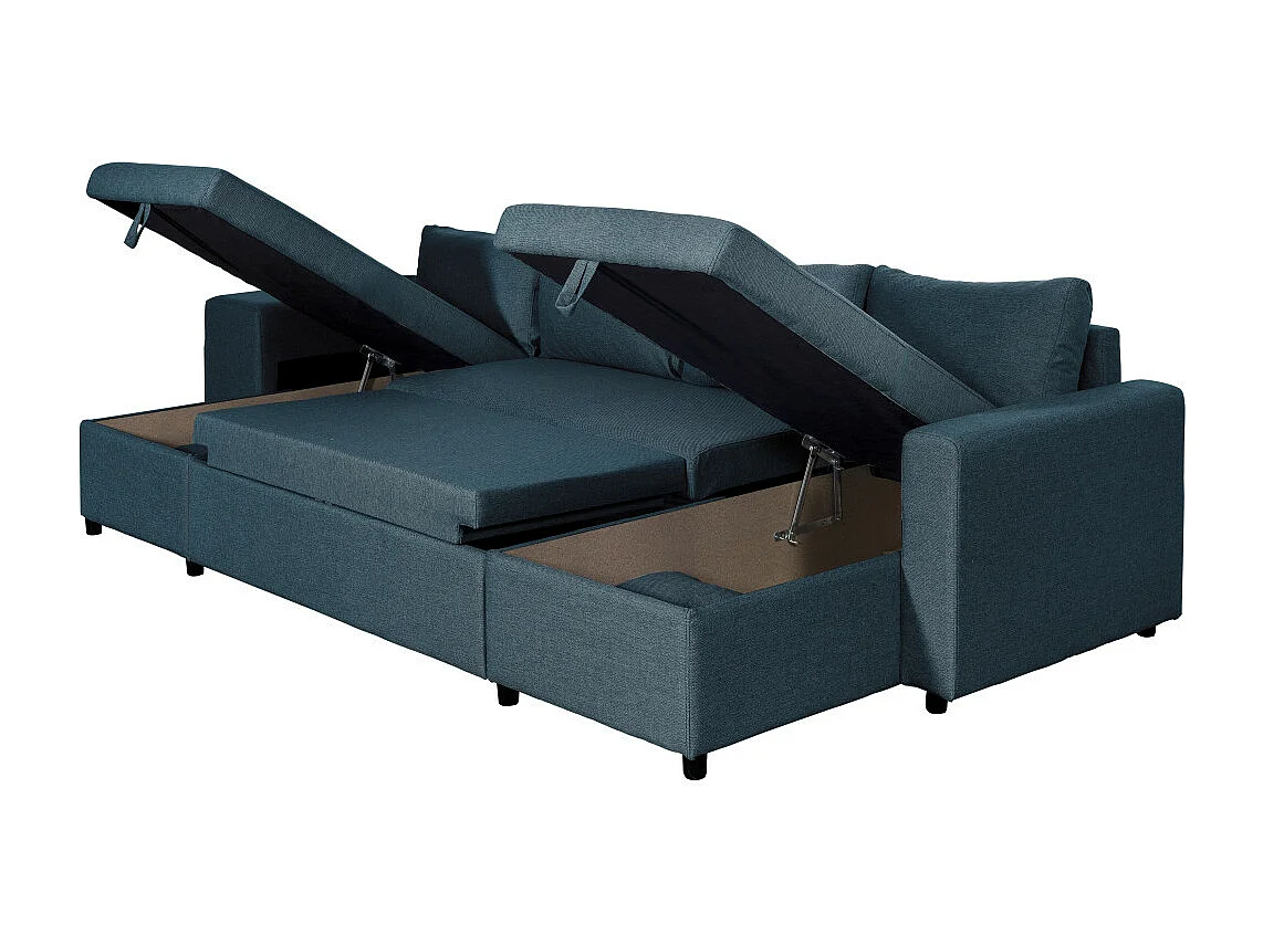 Canapé d'angle panoramique Oslo convertible avec coffres et poufs à gauche - Tissu - Bleu pétrole - L311 x P146 x H81cm - Loungitude
