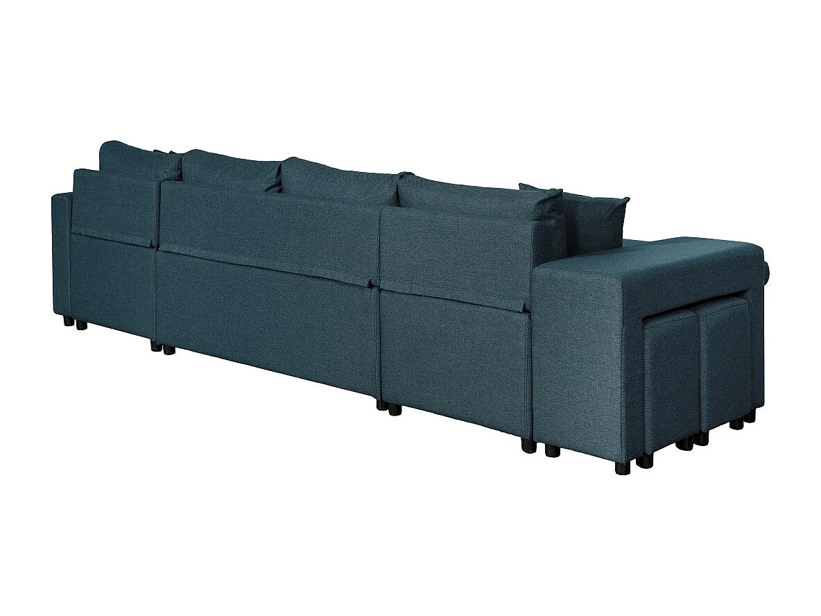 Canapé d'angle panoramique Oslo convertible avec coffres et poufs à gauche - Tissu - Bleu pétrole - L311 x P146 x H81cm - Loungitude