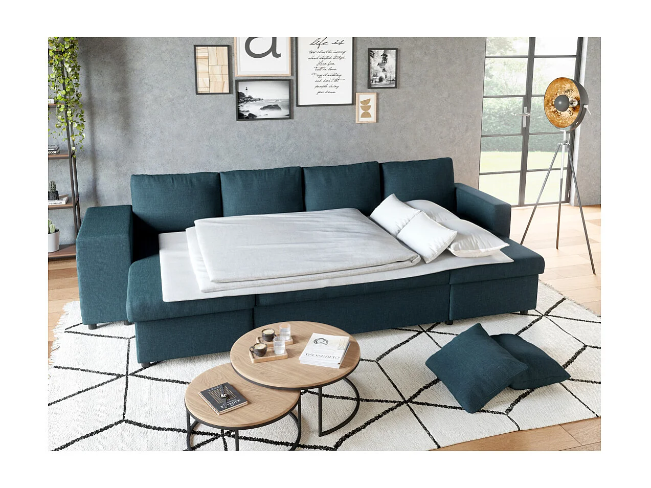 Canapé d'angle panoramique Oslo convertible avec coffres et poufs à gauche - Tissu - Bleu pétrole - L311 x P146 x H81cm - Loungitude