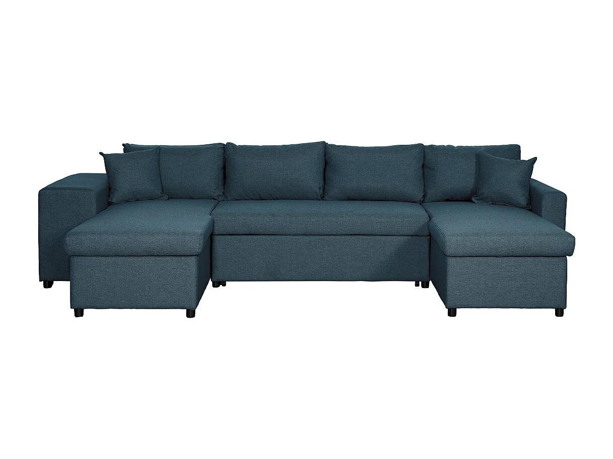 Canapé d'angle panoramique Oslo convertible avec coffres et poufs à gauche - Tissu - Bleu pétrole - L311 x P146 x H81cm - Loungitude