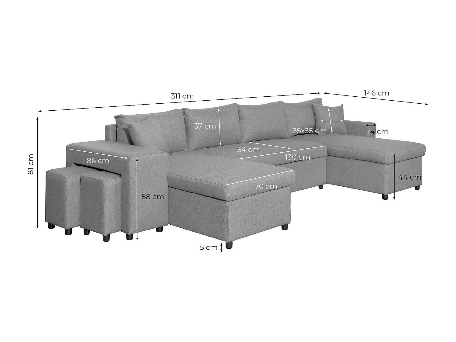 Canapé d'angle panoramique Oslo convertible avec coffres et poufs à gauche - Tissu - Bleu pétrole - L311 x P146 x H81cm - Loungitude