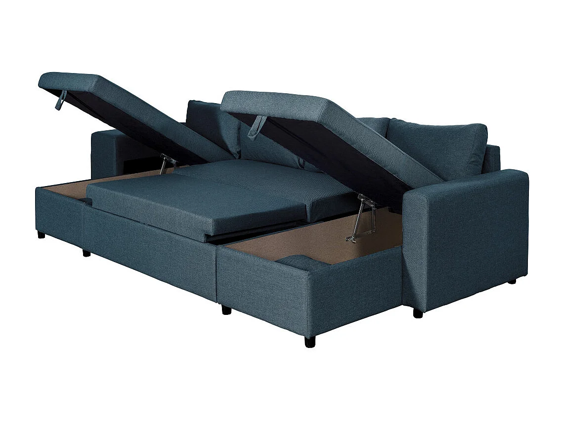 Canapé d'angle panoramique Oslo convertible avec coffres et poufs à gauche - Tissu - Bleu pétrole - L311 x P146 x H81cm - Loungitude