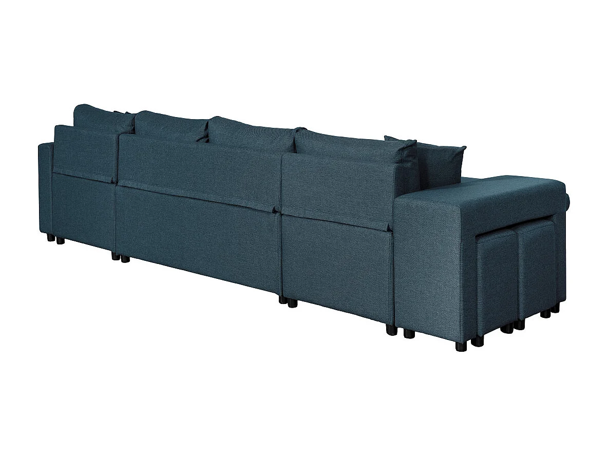 Canapé d'angle panoramique Oslo convertible avec coffres et poufs à gauche - Tissu - Bleu pétrole - L311 x P146 x H81cm - Loungitude