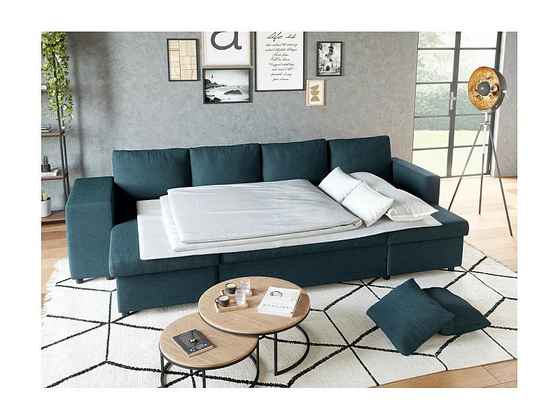 Canapé d'angle panoramique Oslo convertible avec coffres et poufs à gauche - Tissu - Bleu pétrole - L311 x P146 x H81cm - Loungitude
