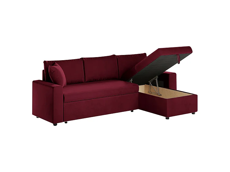 Canapé d'angle 3 places Maria réversible et convertible avec coffre en velours - Bordeaux - L227 x P146 x H81cm - Loungitude