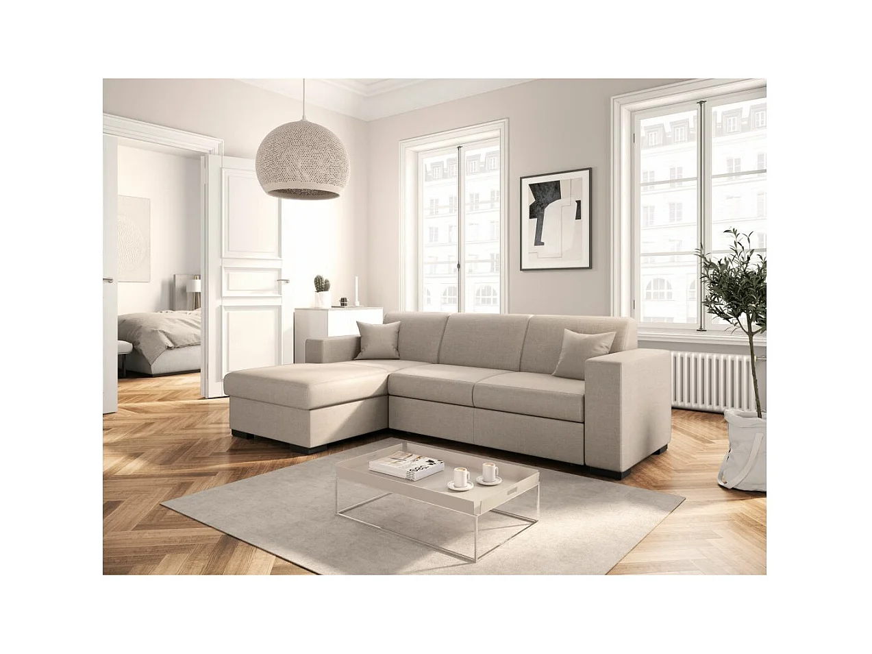 Canapé d'angle gauche 4 places Fuji XL convertible avec coffre en tissu - Beige - L262 x 157 x 83cm - Loungitude