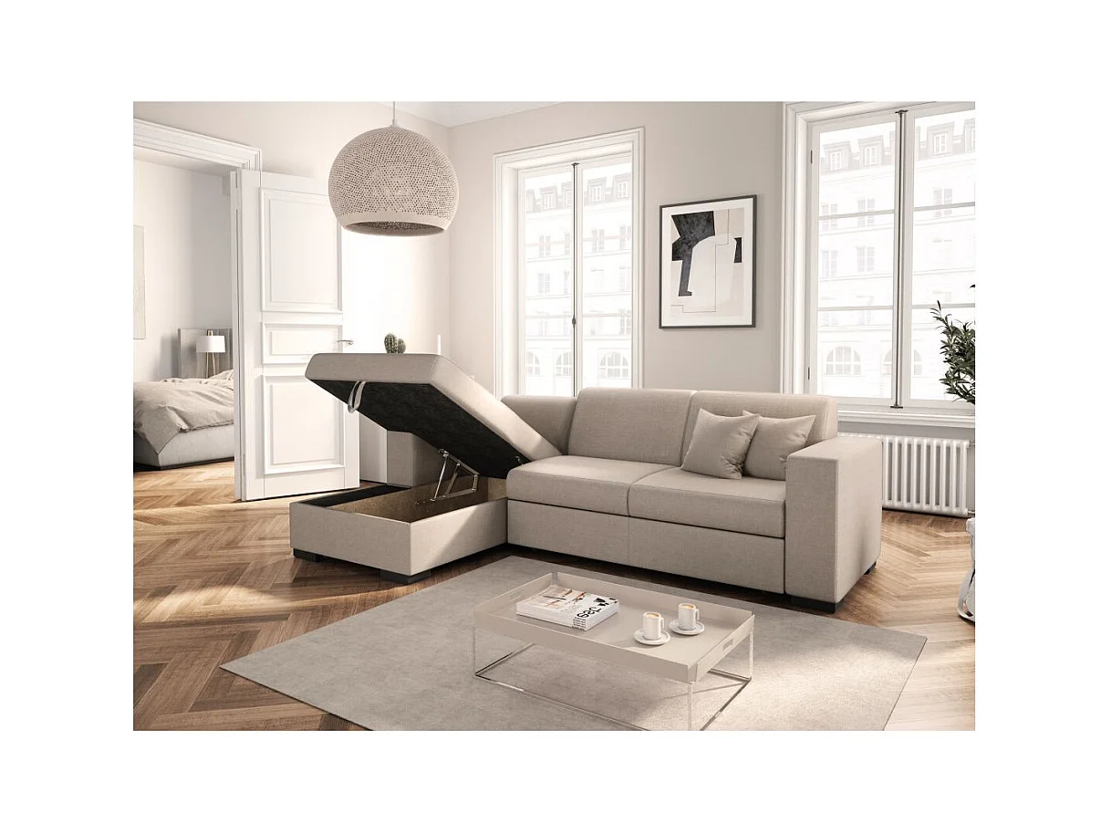 Canapé d'angle gauche 4 places Fuji XL convertible avec coffre en tissu - Beige - L262 x 157 x 83cm - Loungitude