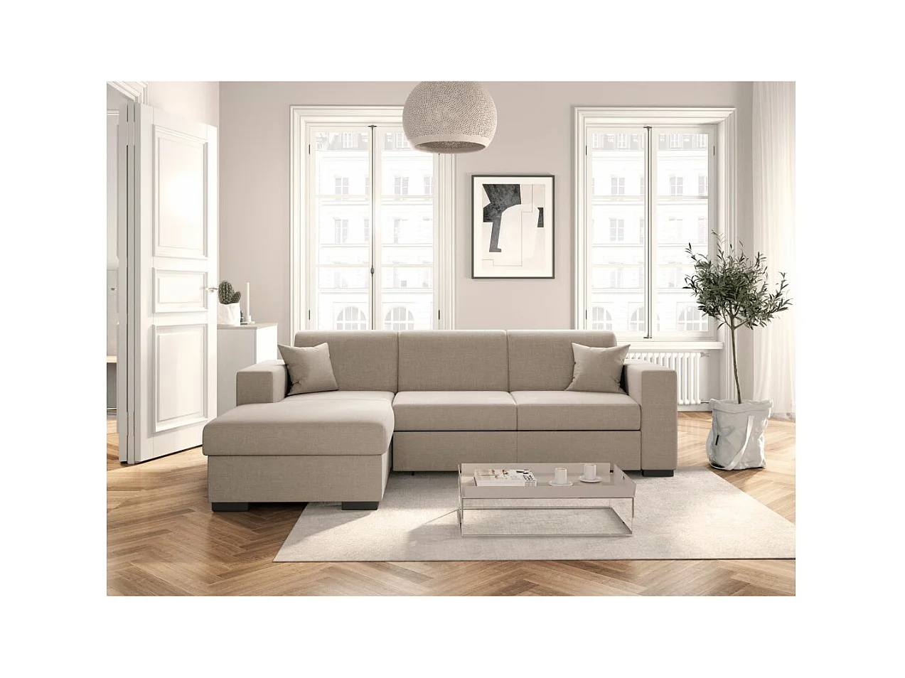 Canapé d'angle gauche 4 places Fuji XL convertible avec coffre en tissu - Beige - L262 x 157 x 83cm - Loungitude
