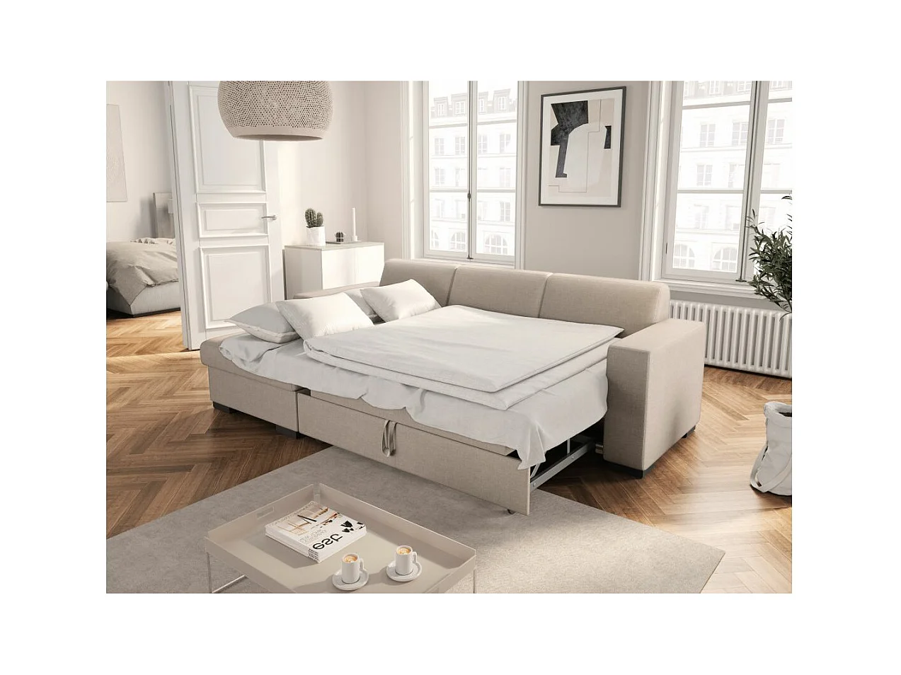 Canapé d'angle gauche 4 places Fuji XL convertible avec coffre en tissu - Beige - L262 x 157 x 83cm - Loungitude