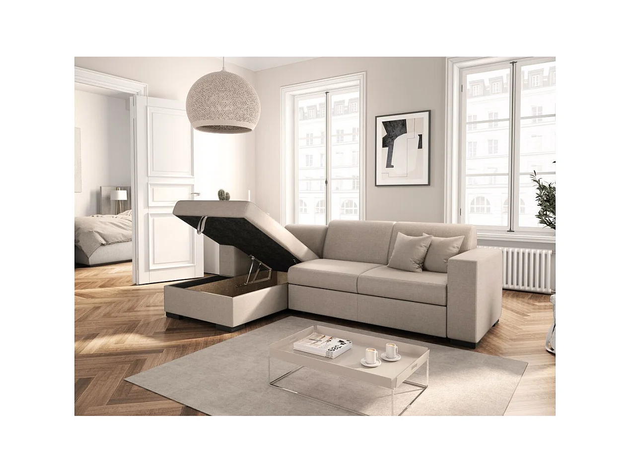 Canapé d'angle gauche 4 places Fuji XL convertible avec coffre en tissu - Beige - L262 x 157 x 83cm - Loungitude