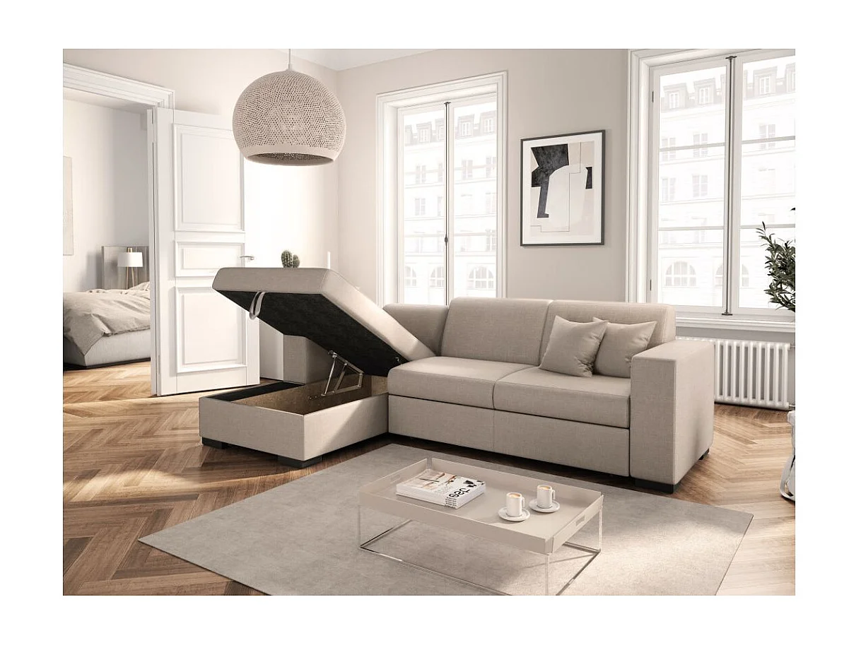 Canapé d'angle gauche 4 places Fuji XL convertible avec coffre en tissu - Beige - L262 x 157 x 83cm - Loungitude