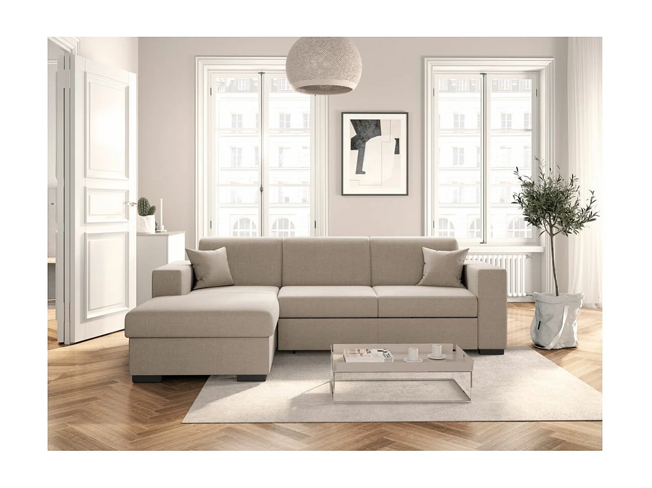 Canapé d'angle gauche 4 places Fuji XL convertible avec coffre en tissu - Beige - L262 x 157 x 83cm - Loungitude