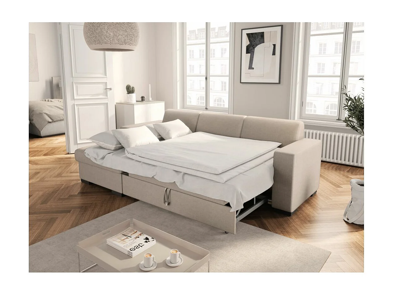 Canapé d'angle gauche 4 places Fuji XL convertible avec coffre en tissu - Beige - L262 x 157 x 83cm - Loungitude