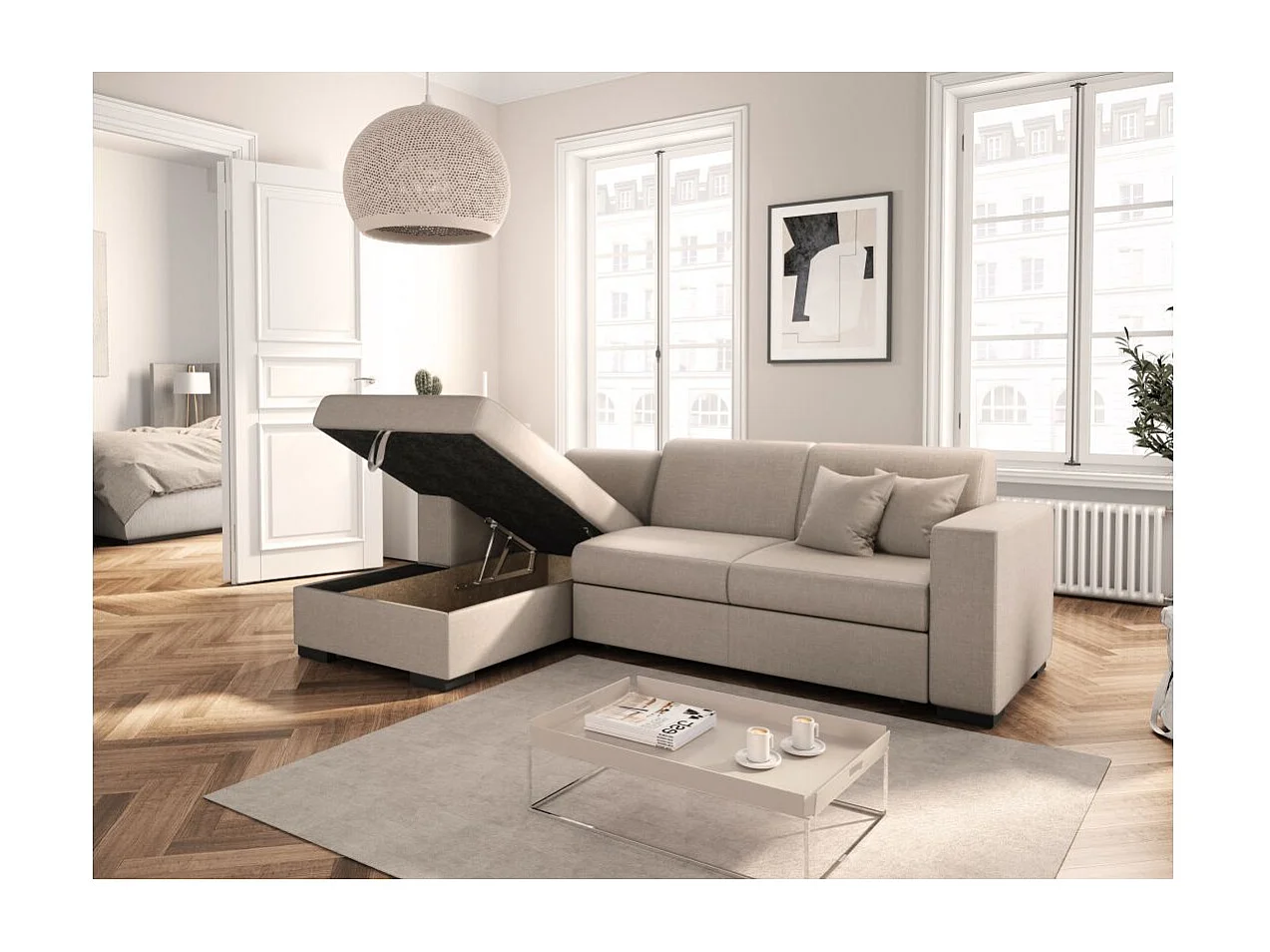 Canapé d'angle gauche 4 places Fuji XL convertible avec coffre en tissu - Beige - L262 x 157 x 83cm - Loungitude