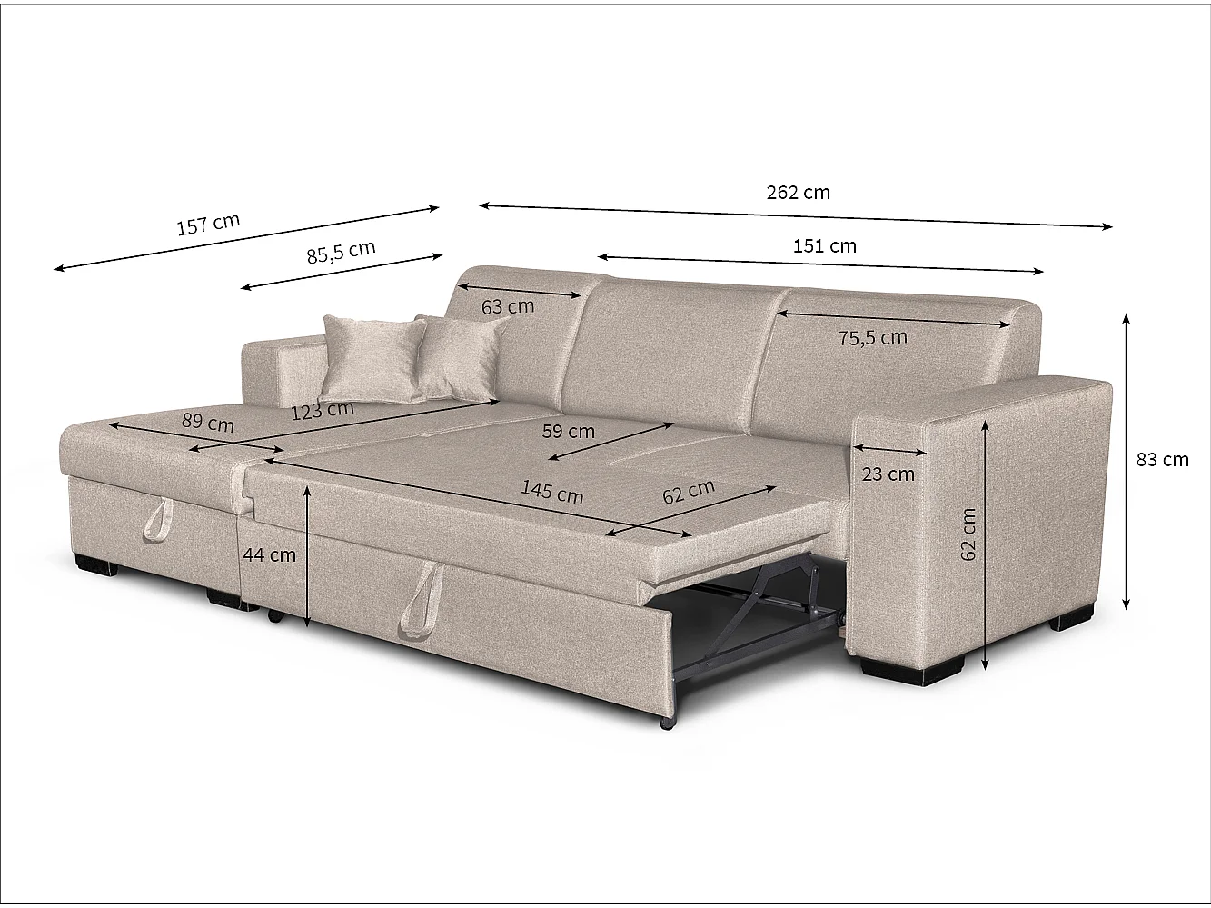 Canapé d'angle gauche 4 places Fuji XL convertible avec coffre en tissu - Beige - L262 x 157 x 83cm - Loungitude