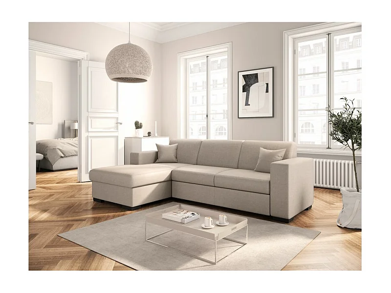 Canapé d'angle gauche 4 places Fuji XL convertible avec coffre en tissu - Beige - L262 x 157 x 83cm - Loungitude