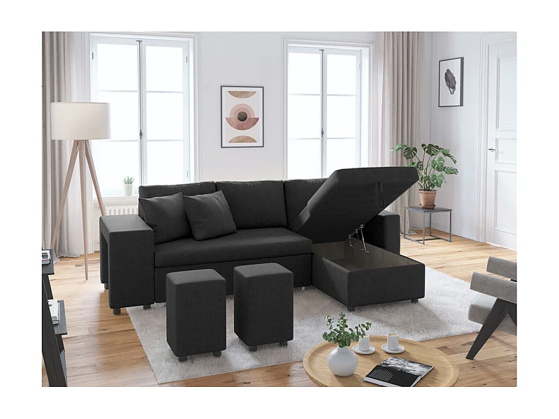 Canapé d'angle 3 places réversible Oslo avec coffre et poufs gauche en tissu - Gris anthracite - L241 x P146 x H81cm - Loungitude