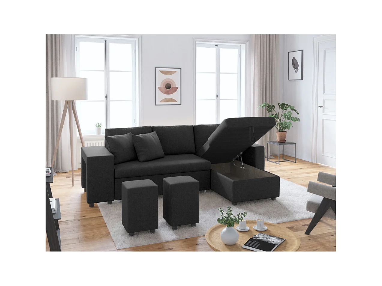Canapé d'angle 3 places réversible Oslo avec coffre et poufs gauche en tissu - Gris anthracite - L241 x P146 x H81cm - Loungitude