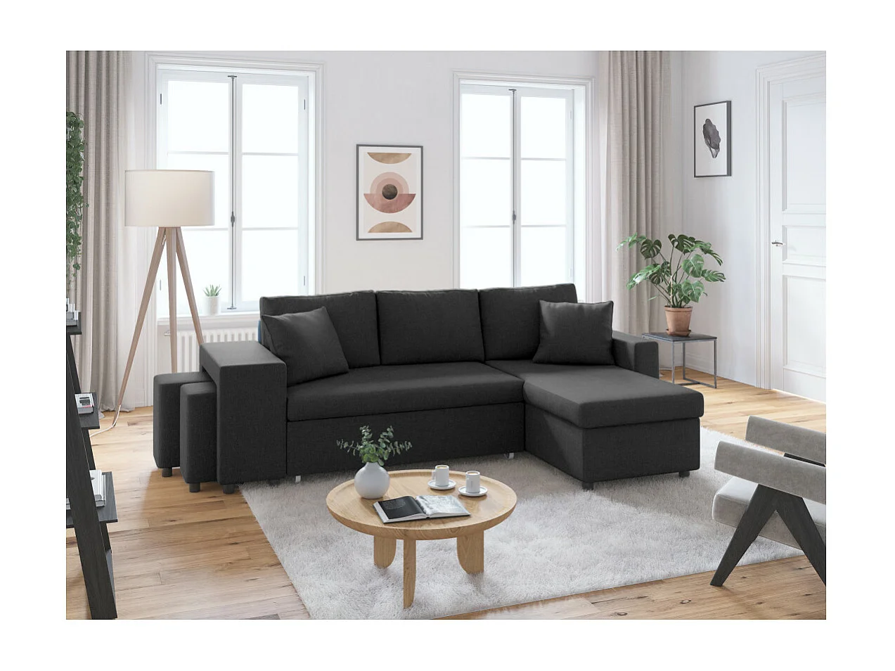Canapé d'angle 3 places réversible Oslo avec coffre et poufs gauche en tissu - Gris anthracite - L241 x P146 x H81cm - Loungitude