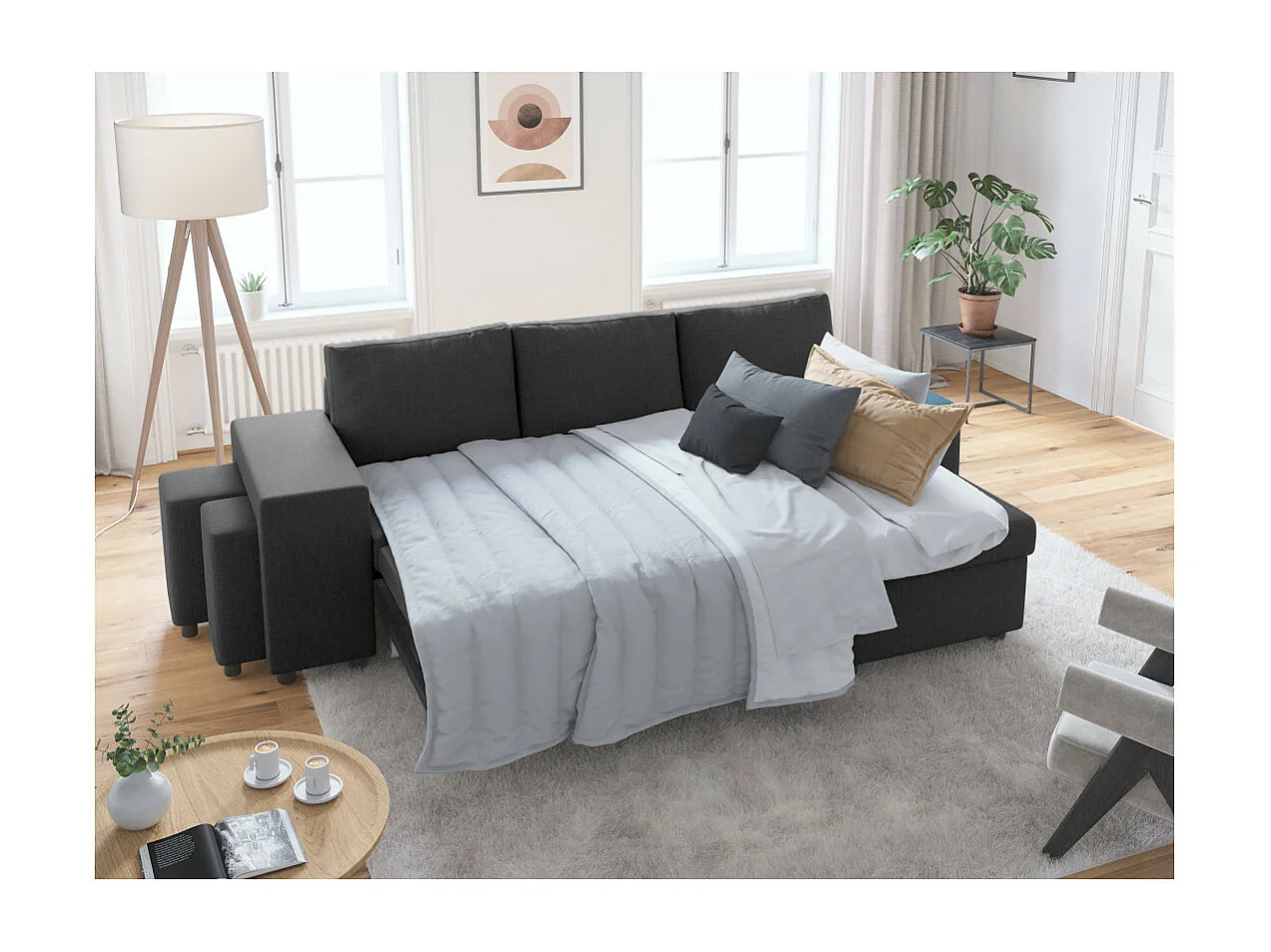Canapé d'angle 3 places réversible Oslo avec coffre et poufs gauche en tissu - Gris anthracite - L241 x P146 x H81cm - Loungitude