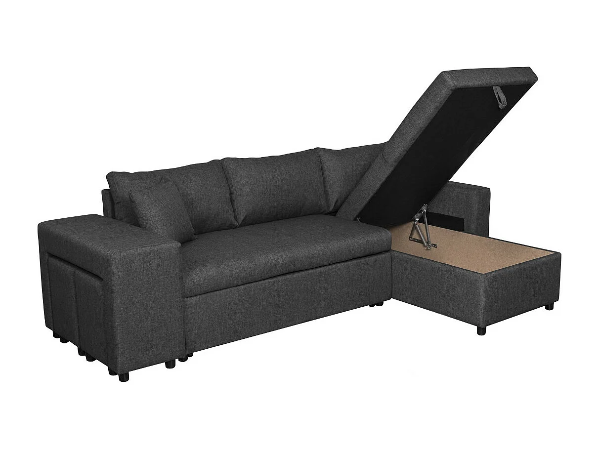 Canapé d'angle 3 places réversible Oslo avec coffre et poufs gauche en tissu - Gris anthracite - L241 x P146 x H81cm - Loungitude