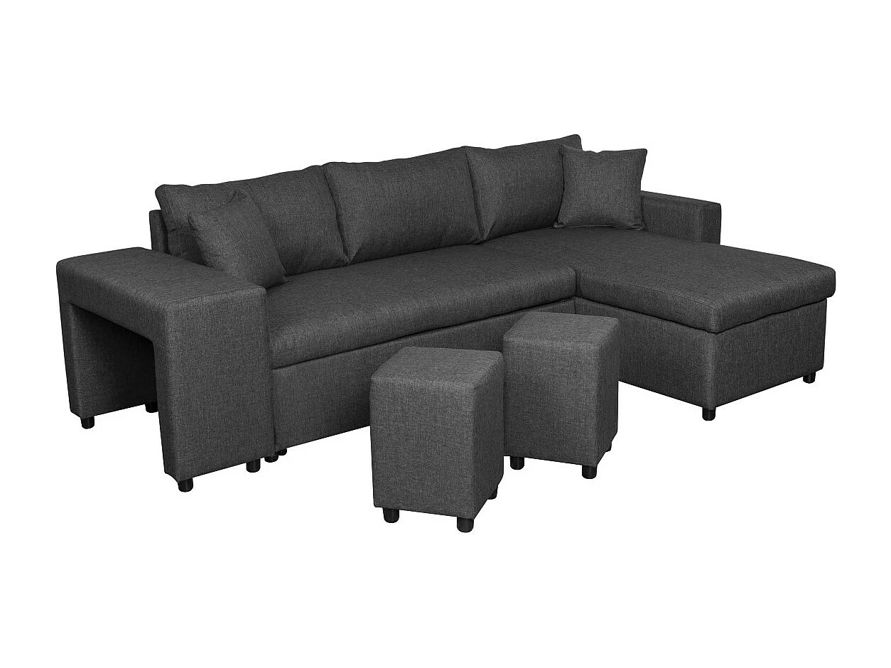 Canapé d'angle 3 places réversible Oslo avec coffre et poufs gauche en tissu - Gris anthracite - L241 x P146 x H81cm - Loungitude