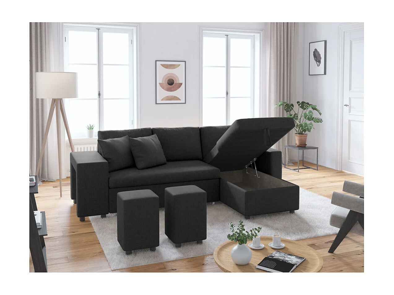 Canapé d'angle 3 places réversible Oslo avec coffre et poufs gauche en tissu - Gris anthracite - L241 x P146 x H81cm - Loungitude