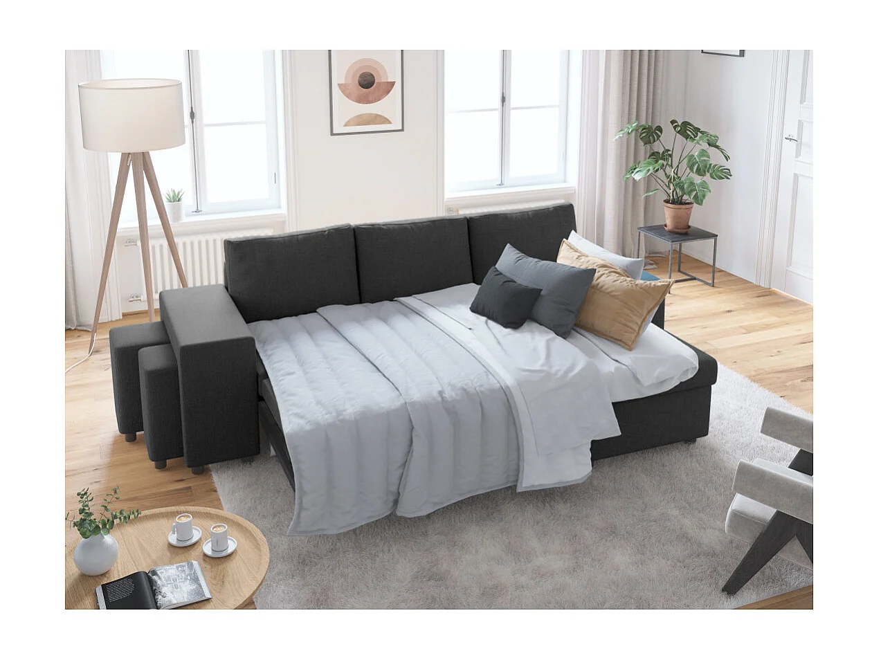 Canapé d'angle 3 places réversible Oslo avec coffre et poufs gauche en tissu - Gris anthracite - L241 x P146 x H81cm - Loungitude