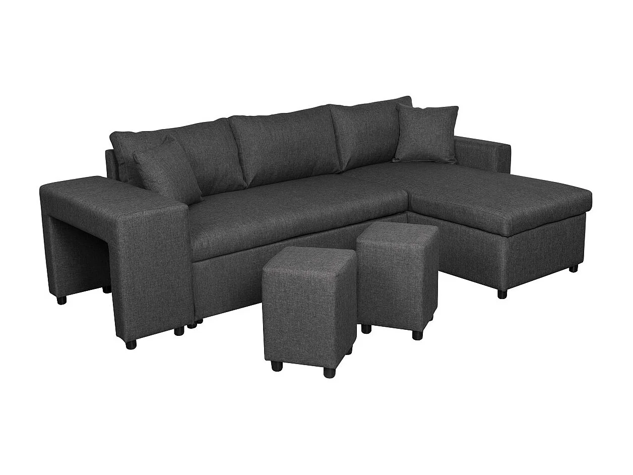 Canapé d'angle 3 places réversible Oslo avec coffre et poufs gauche en tissu - Gris anthracite - L241 x P146 x H81cm - Loungitude
