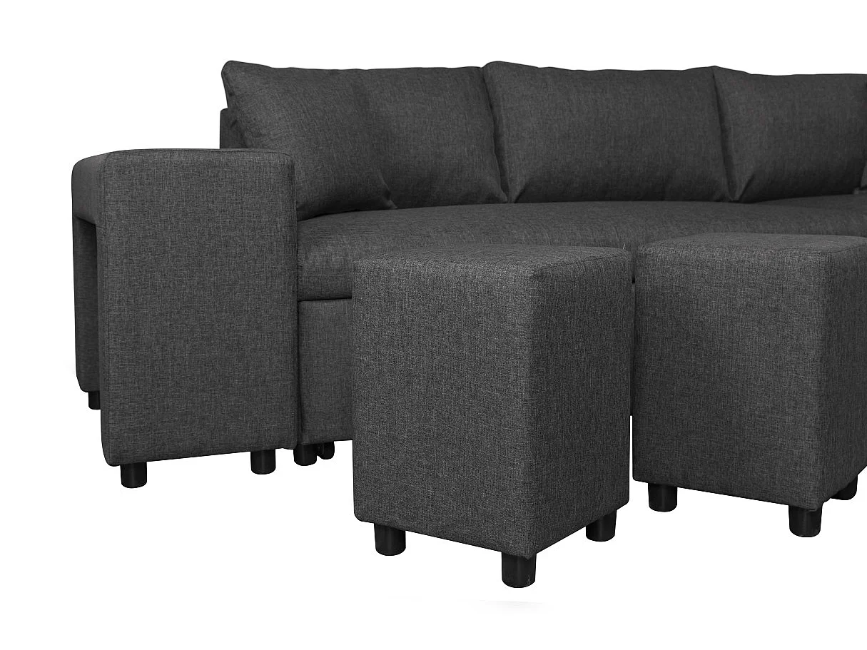 Canapé d'angle 3 places réversible Oslo avec coffre et poufs gauche en tissu - Gris anthracite - L241 x P146 x H81cm - Loungitude
