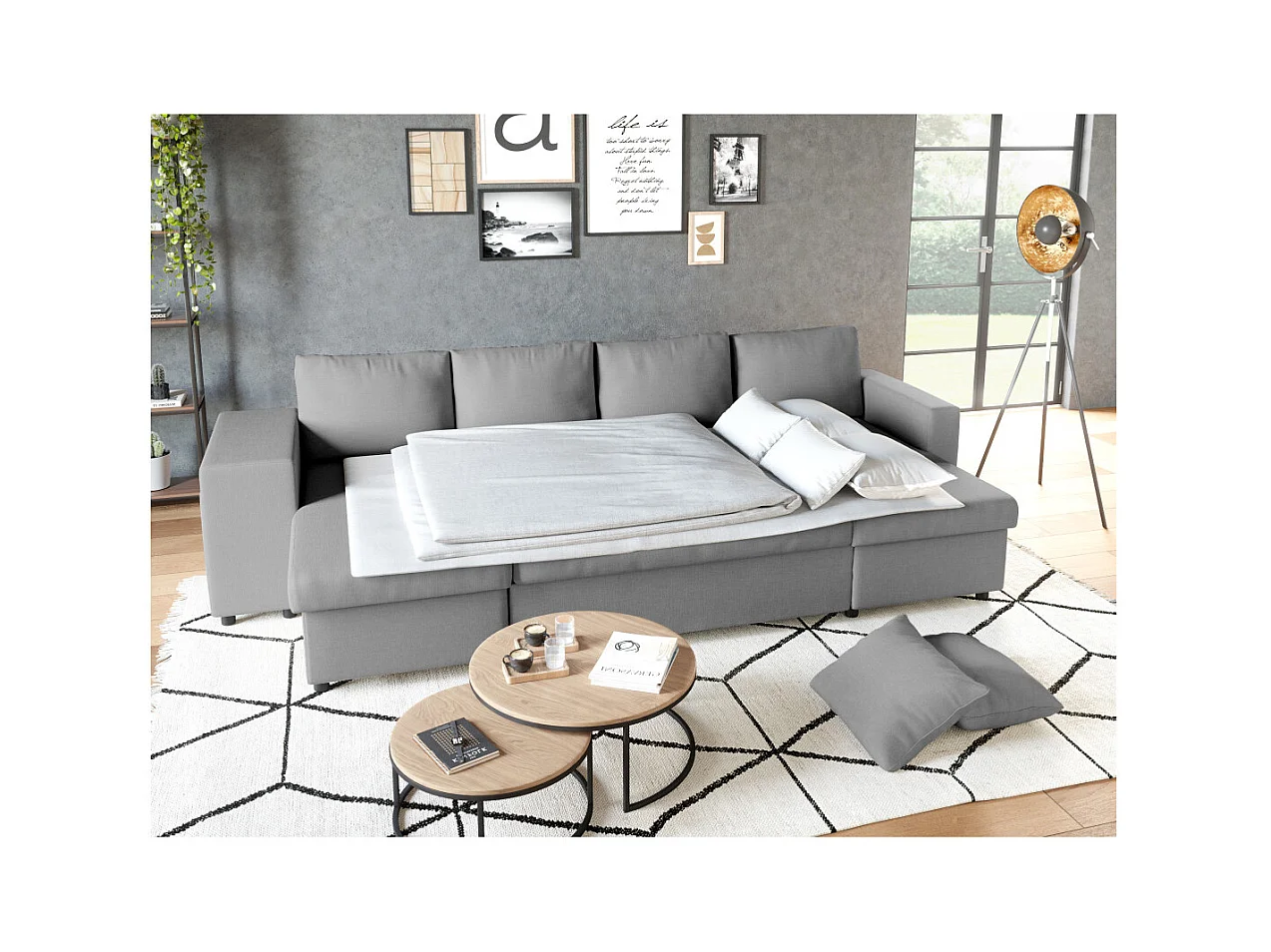 Canapé d'angle panoramique Oslo convertible avec coffres et poufs à gauche - Tissu - Gris clair - L311 x P146 x H81cm - Loungitude