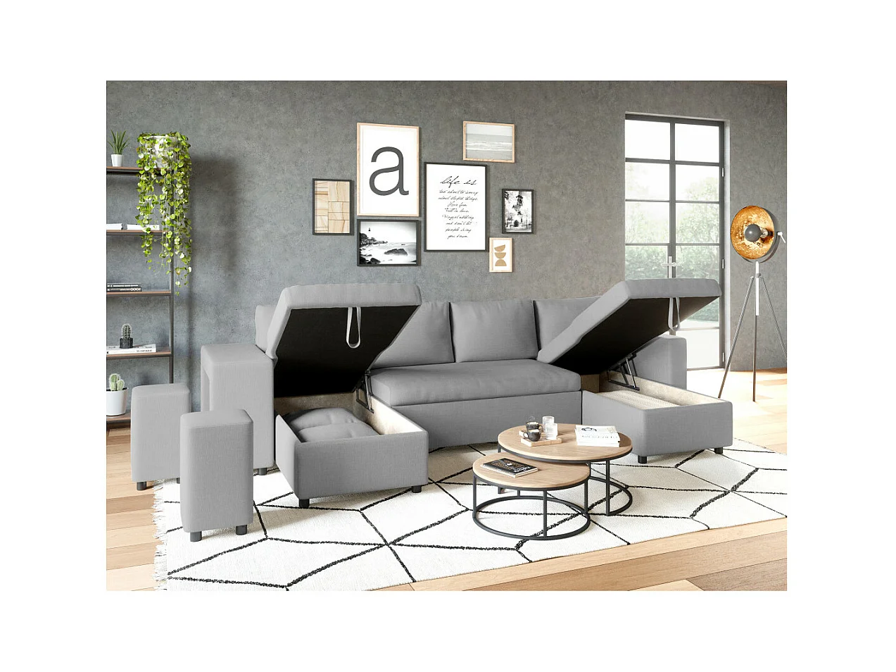 Canapé d'angle panoramique Oslo convertible avec coffres et poufs à gauche - Tissu - Gris clair - L311 x P146 x H81cm - Loungitude