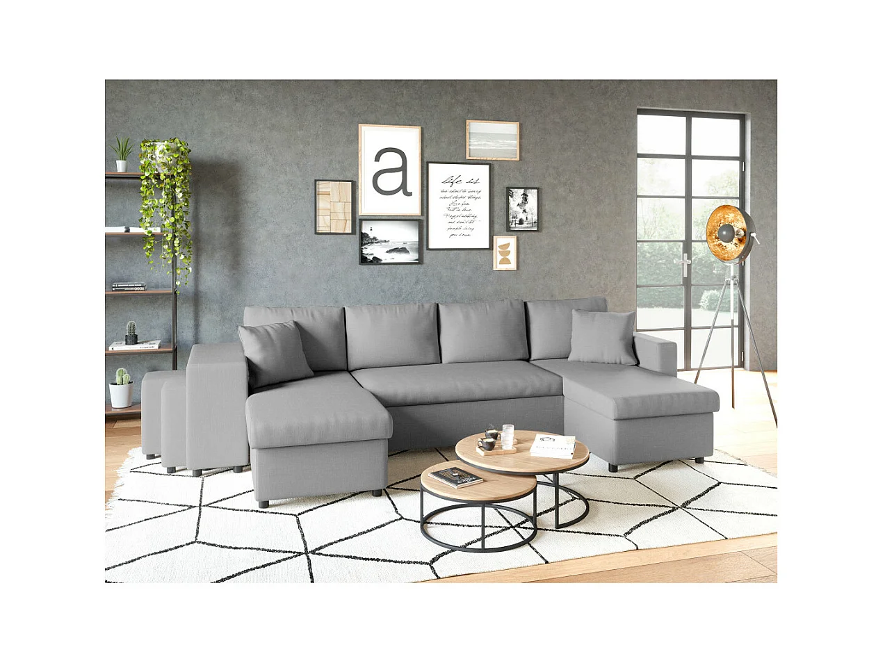 Canapé d'angle panoramique Oslo convertible avec coffres et poufs à gauche - Tissu - Gris clair - L311 x P146 x H81cm - Loungitude