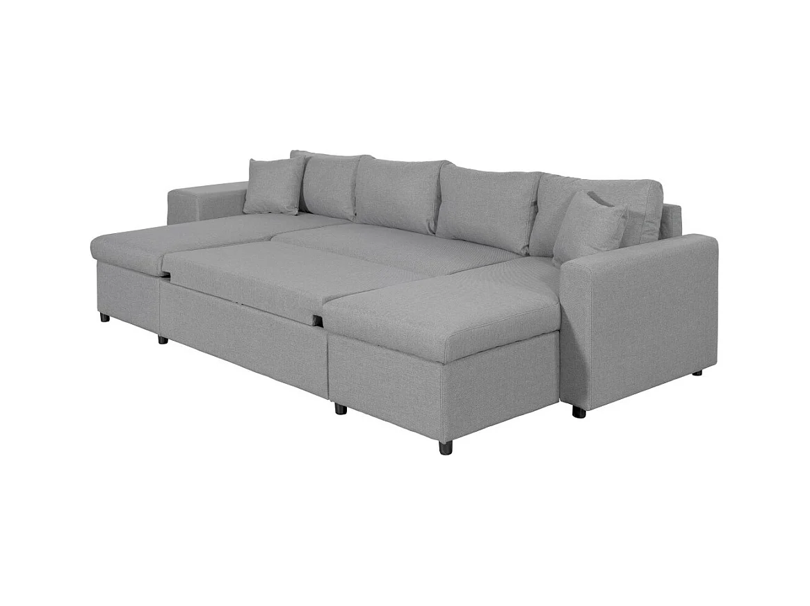 Canapé d'angle panoramique Oslo convertible avec coffres et poufs à gauche - Tissu - Gris clair - L311 x P146 x H81cm - Loungitude