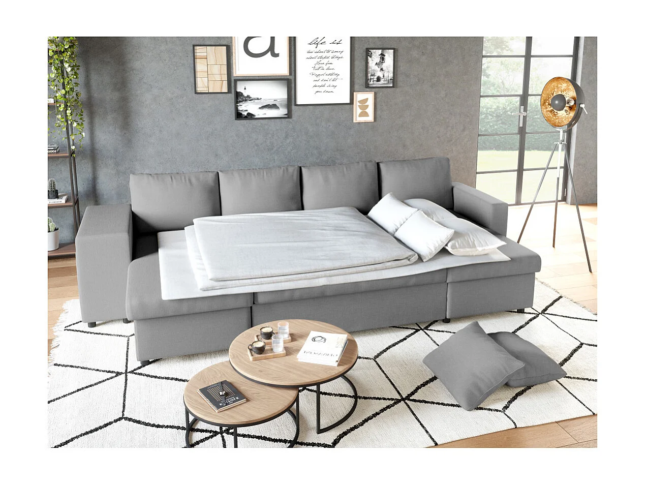 Canapé d'angle panoramique Oslo convertible avec coffres et poufs à gauche - Tissu - Gris clair - L311 x P146 x H81cm - Loungitude