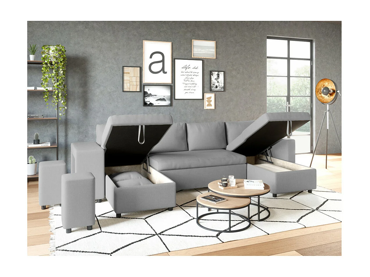 Canapé d'angle panoramique Oslo convertible avec coffres et poufs à gauche - Tissu - Gris clair - L311 x P146 x H81cm - Loungitude