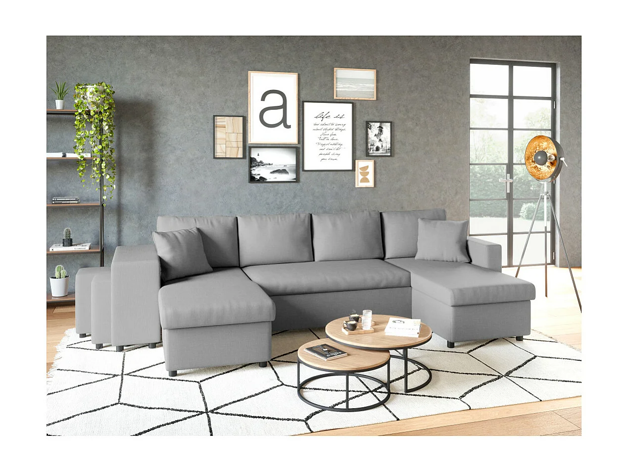 Canapé d'angle panoramique Oslo convertible avec coffres et poufs à gauche - Tissu - Gris clair - L311 x P146 x H81cm - Loungitude