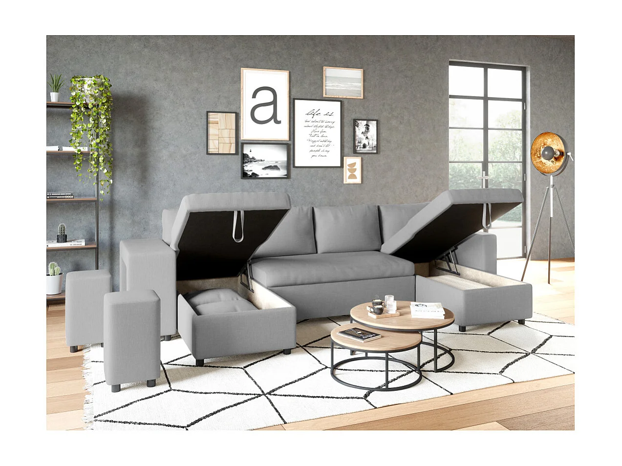 Canapé d'angle panoramique Oslo convertible avec coffres et poufs à gauche - Tissu - Gris clair - L311 x P146 x H81cm - Loungitude