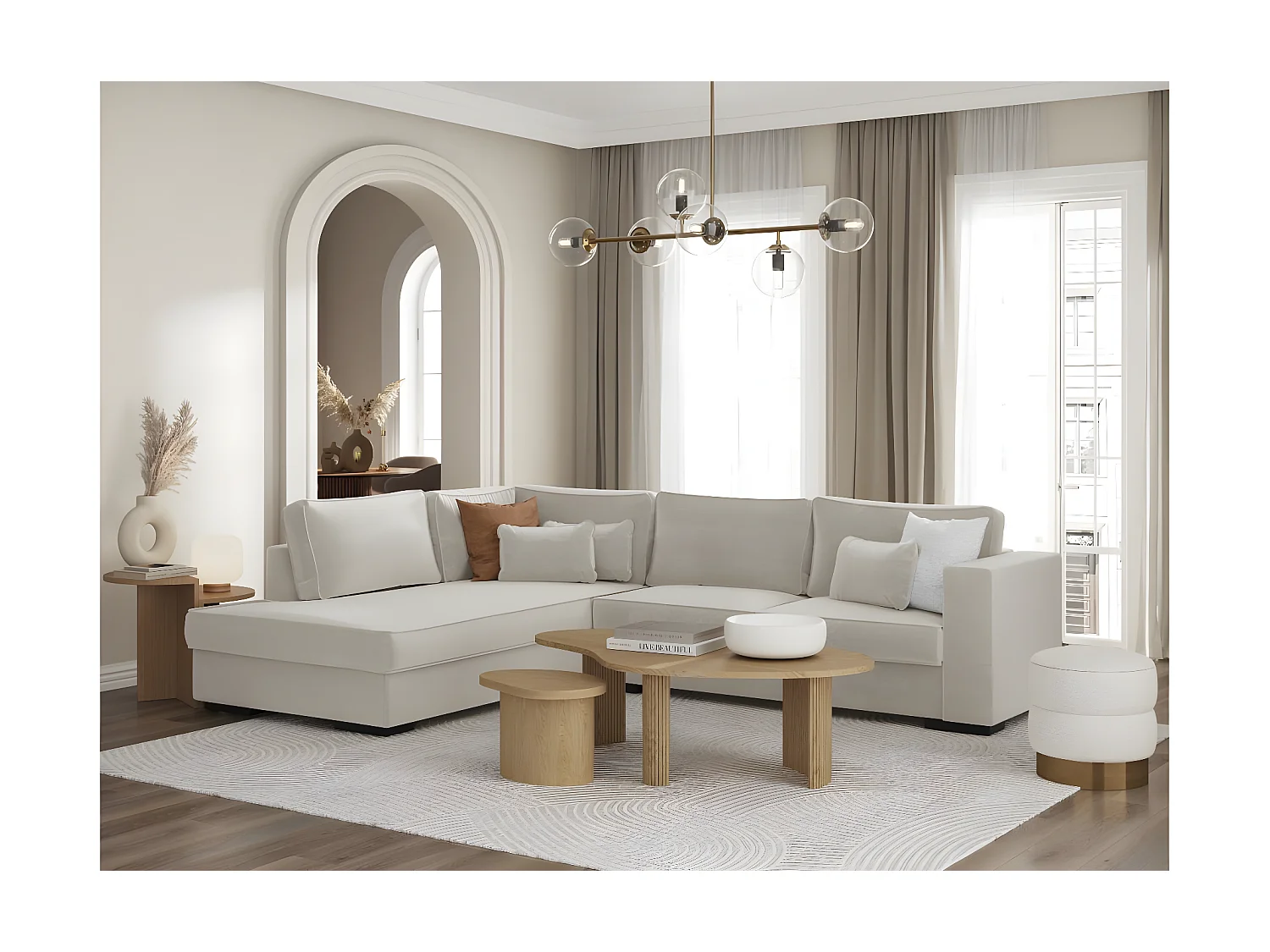 Canapé d'angle gauche XXL 6 places Belami en tissu - Beige - L303 x 228 x 86cm - Loungitude