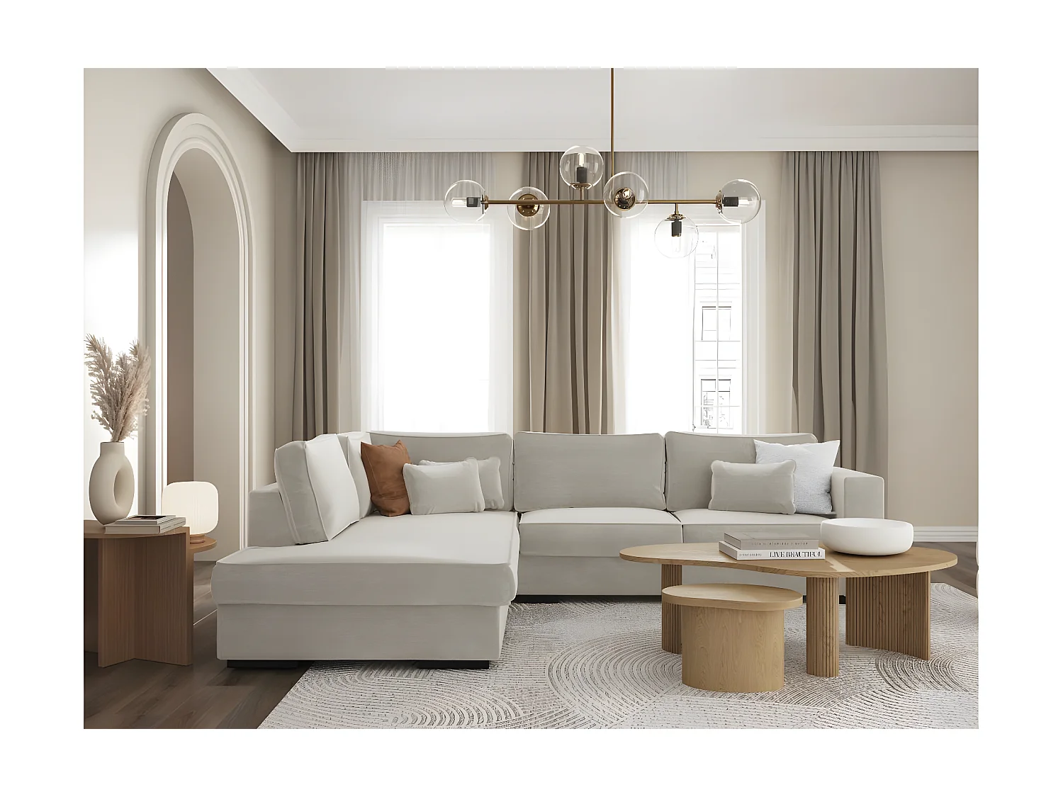 Canapé d'angle gauche XXL 6 places Belami en tissu - Beige - L303 x 228 x 86cm - Loungitude