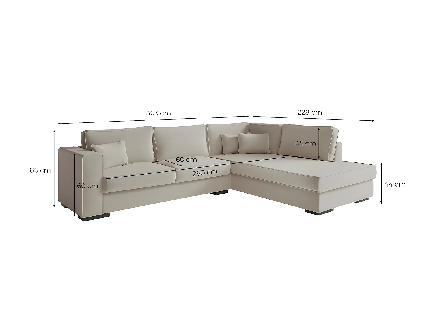Canapé d'angle gauche XXL 6 places Belami en tissu - Beige - L303 x 228 x 86cm - Loungitude