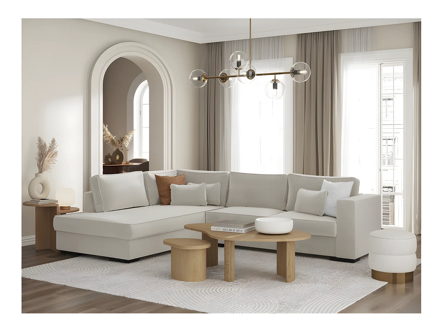 Canapé d'angle gauche XXL 6 places Belami en tissu - Beige - L303 x 228 x 86cm - Loungitude